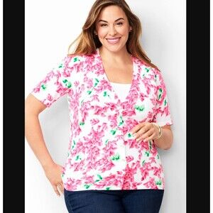 Talbots Kelly Cardigan Size 1X Summer Blossoms Floral Elbow Sleeve Cotton READ